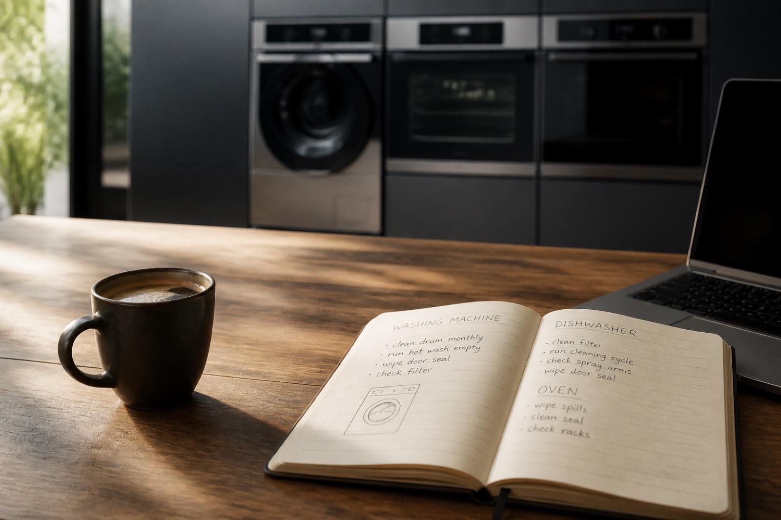 ASKO care tips and repair guides — technician notes beside a premium kitchen