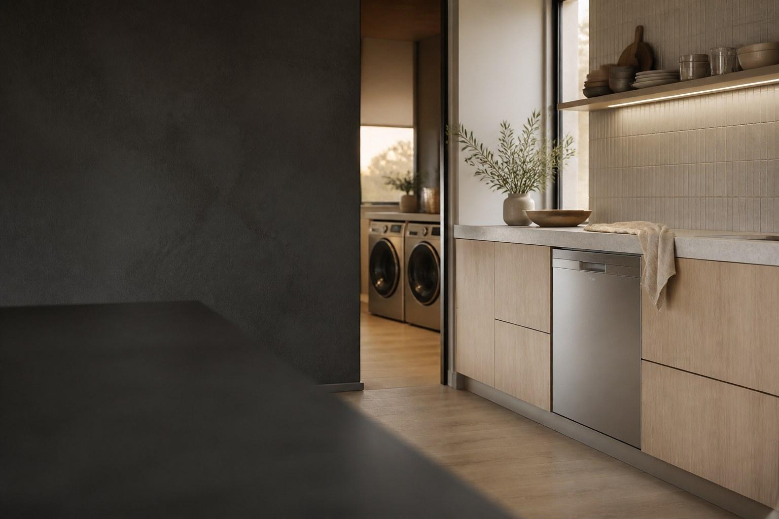 Premium kitchen with an integrated ASKO dishwasher and laundry pair
