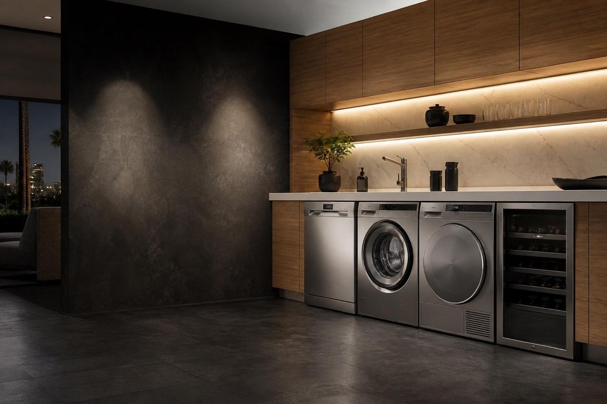 ASKO dishwasher, laundry and wine cabinet in a modern Los Angeles kitchen