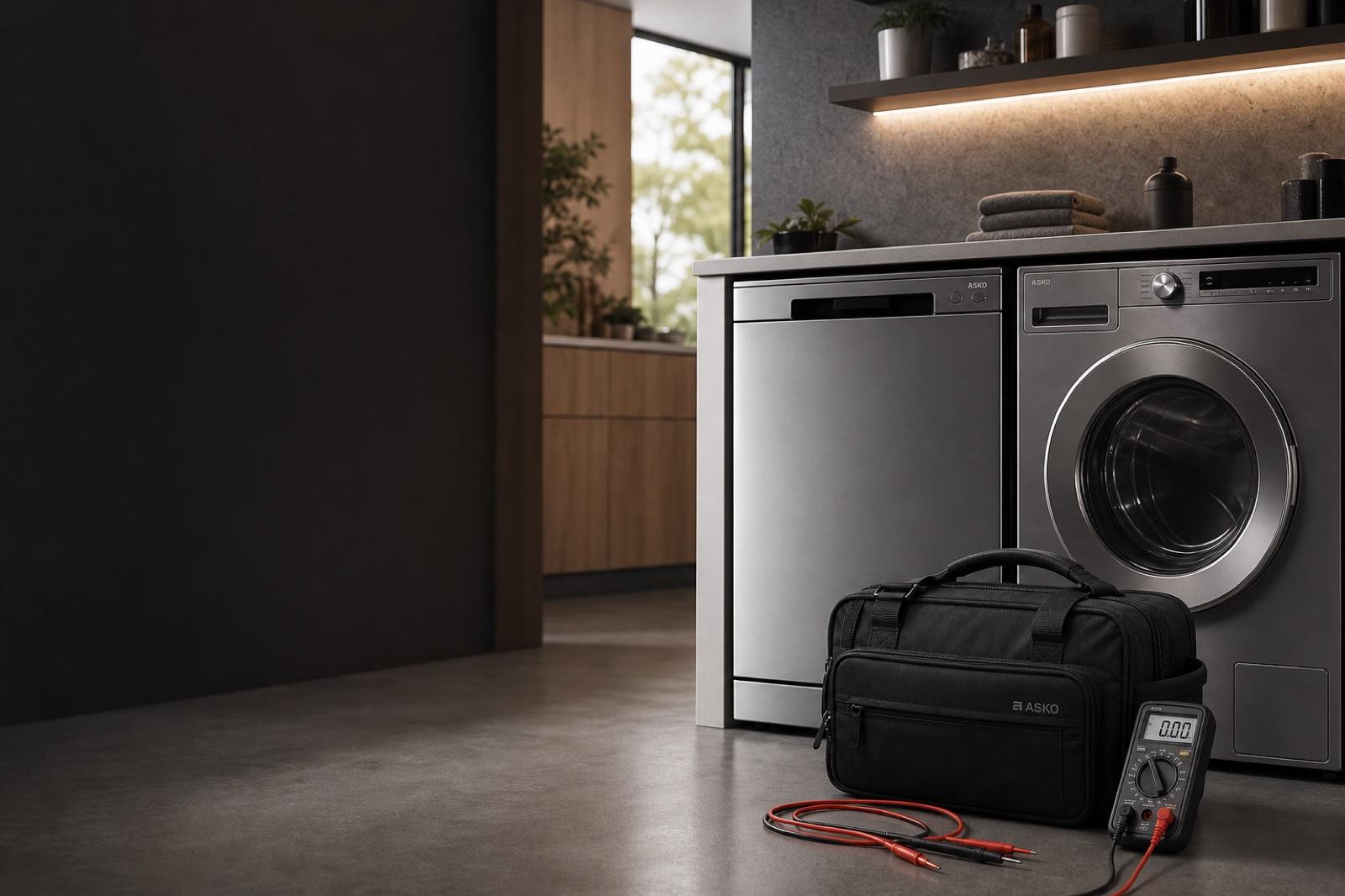 Technician servicing an ASKO washer in a premium laundry kitchen